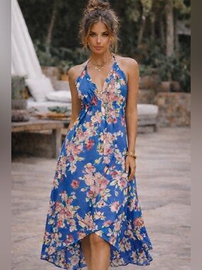 Rhea Blue Floral Festival Dress NWT Halter Maxi Boho Viscose S/M
